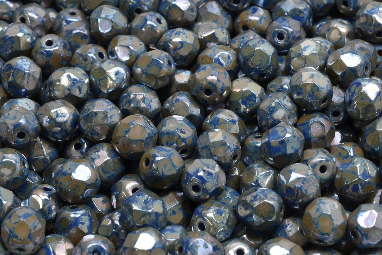 6mm Czech Fire Polish Round Bead, Opaque Blue Picasso, 50 pieces